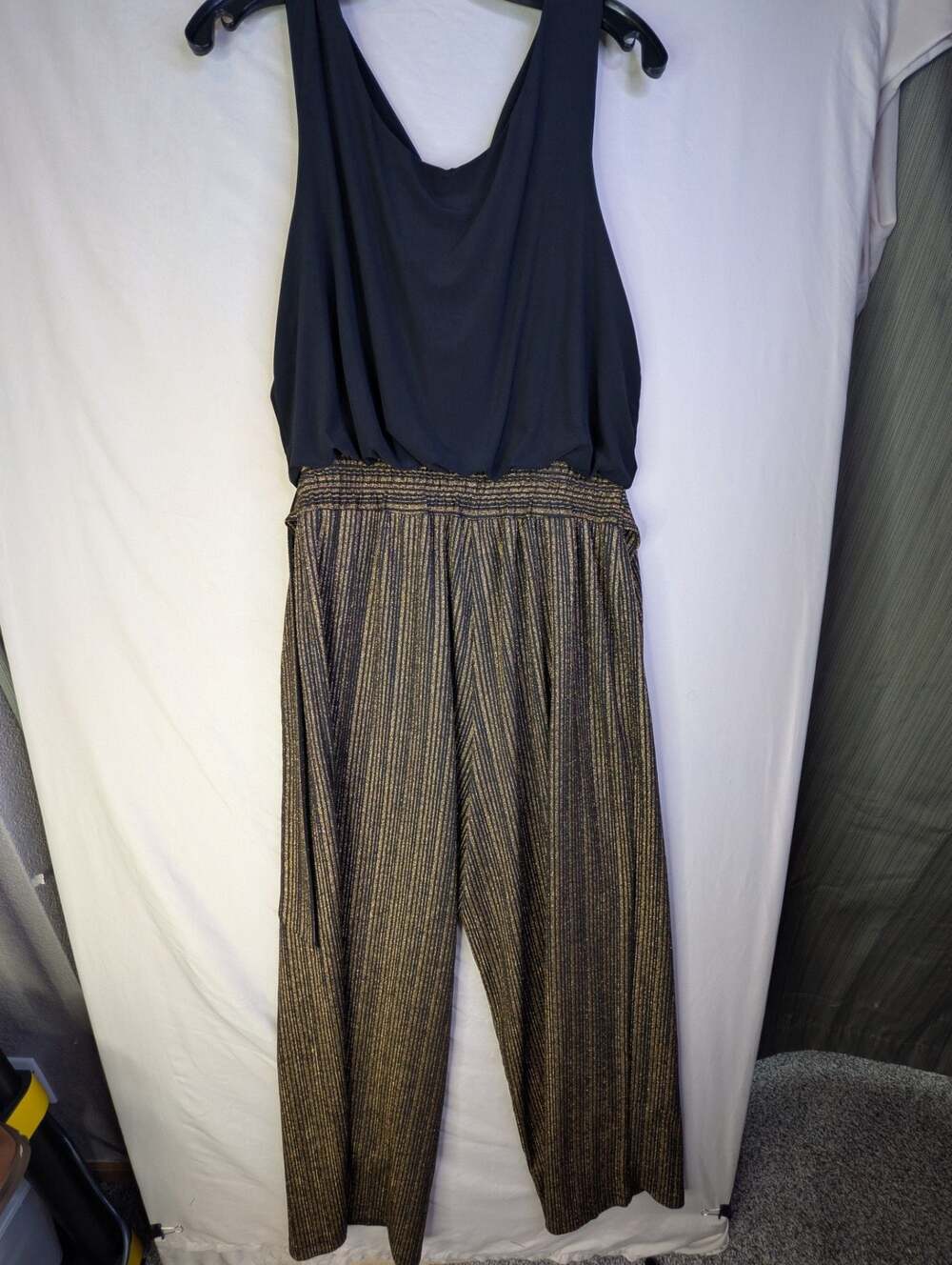 Emma & Michele Sleeveless Black Bodice Metallic Gold Plisse Wide-Leg Jumpsuit